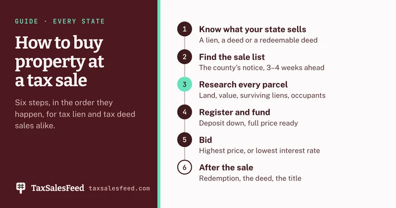 The six steps of buying at a tax sale: know what your state sells, find the sale list, research each parcel, register and fund, bid, and after the sale wait out redemption and record the deed.